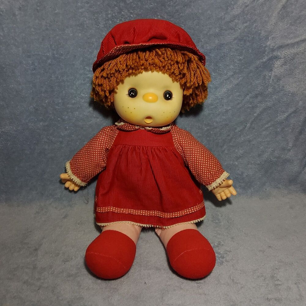 Vintage 1983 Smile International Soft Plush Doll Red Corduroy Dress Yarn Hair 18